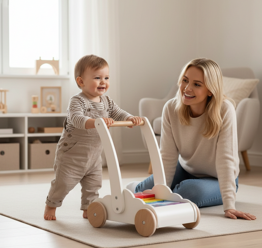 Woman and child playing with a toy in a bright room