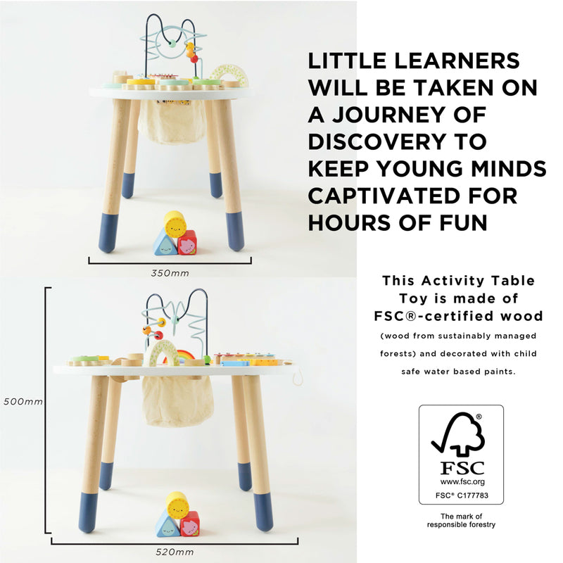 Activity table with toys and text about FSC-certified wood and child safety.