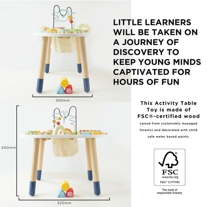 Activity table with toys and text about FSC-certified wood and child safety.