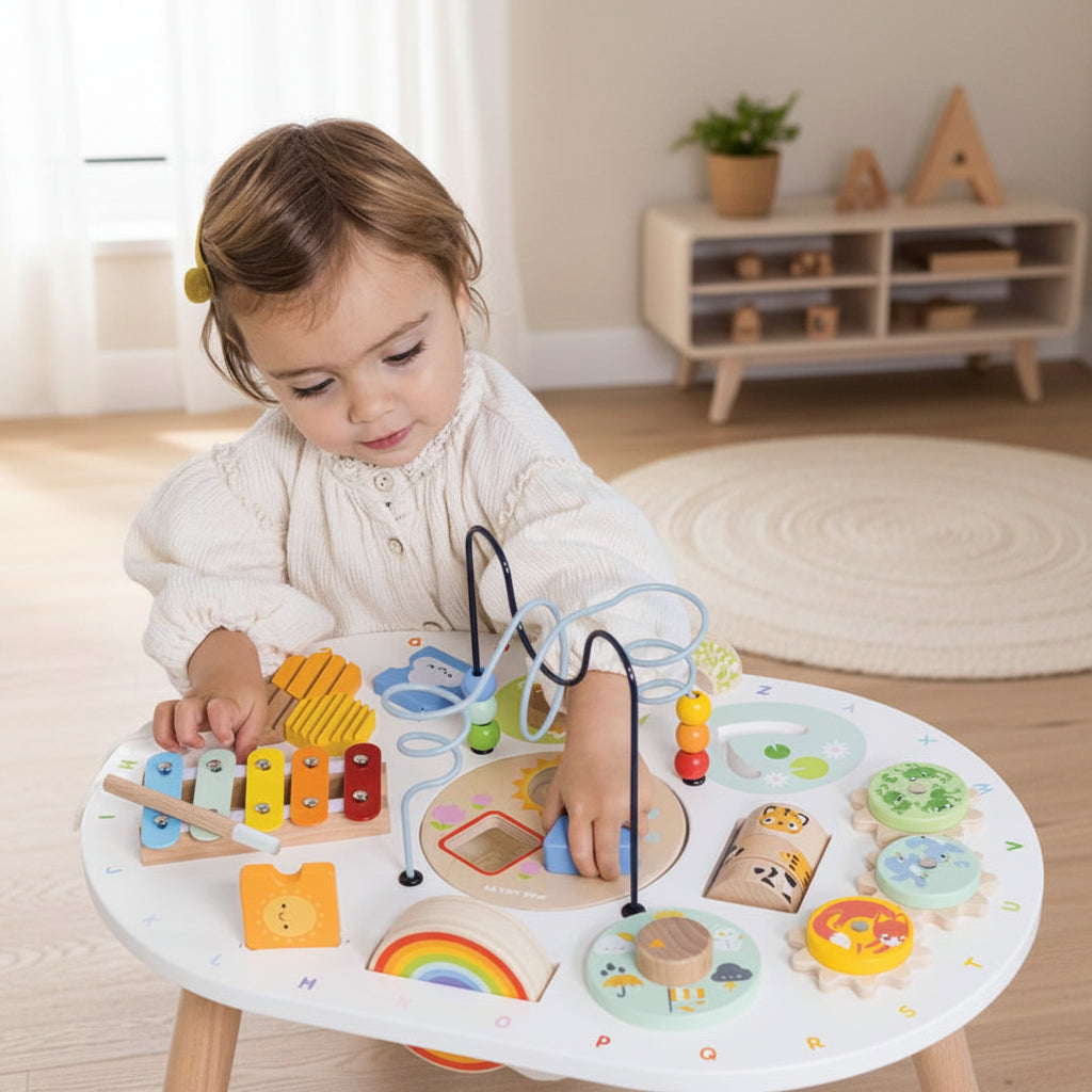 Child playing with a colorful wooden activity table.