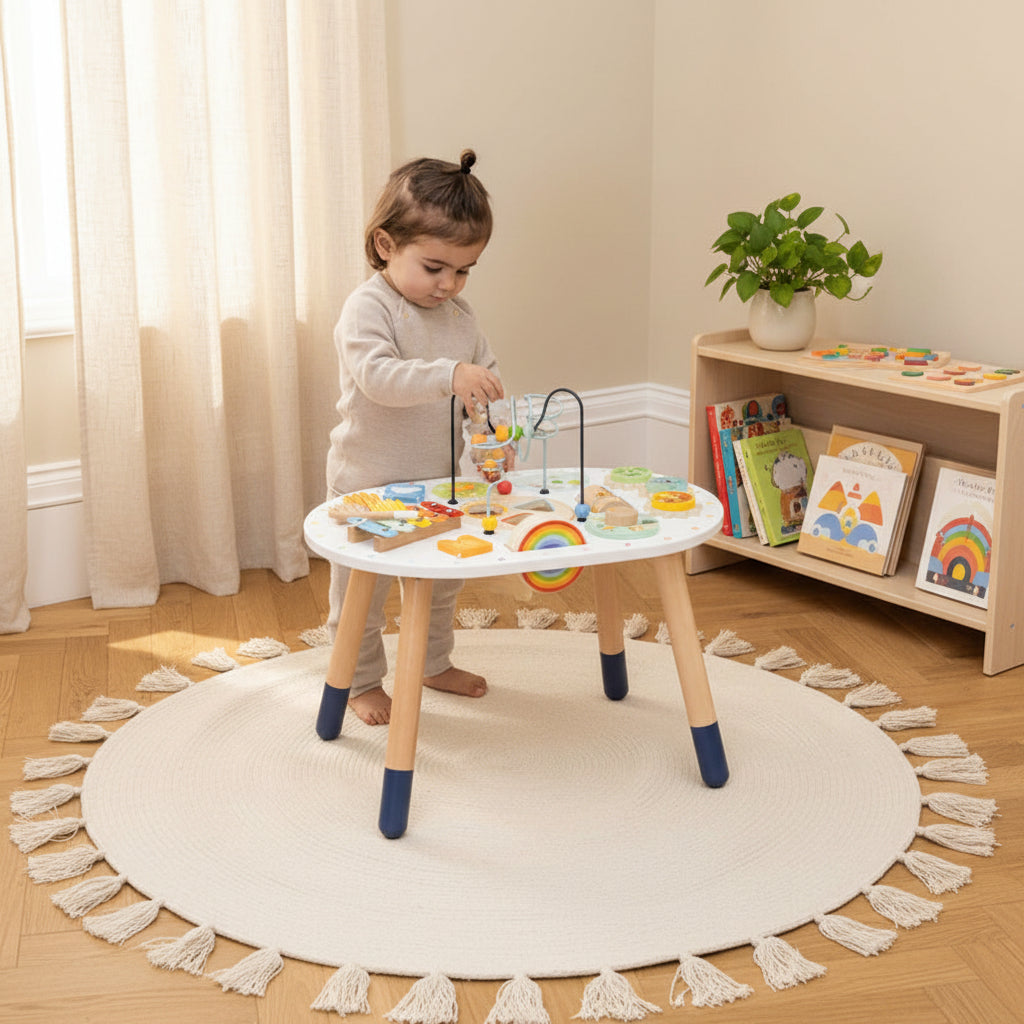 Child playing with a colorful educational toy table on a wooden floor.