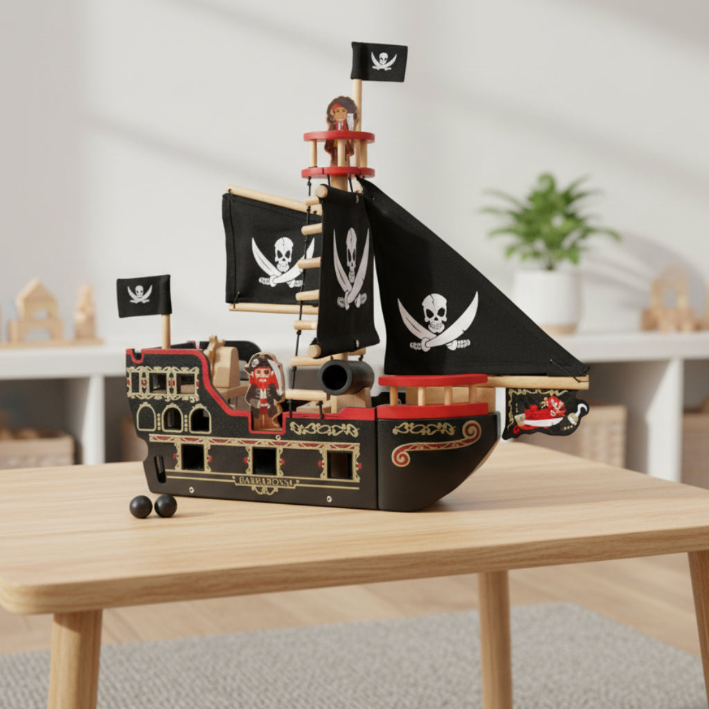 Wooden toy pirate ship with black sails and skull and crossbones flags on a white background