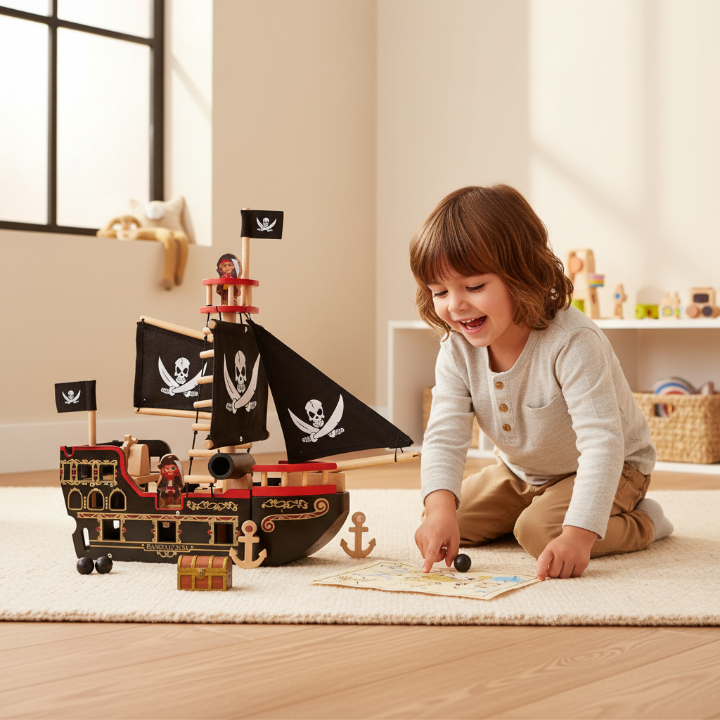 Barborossa Pirate Ship With 2 Wooden Characters