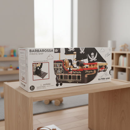 Box packaging of a pirate ship toy with 'Barbarossa' branding on a white background