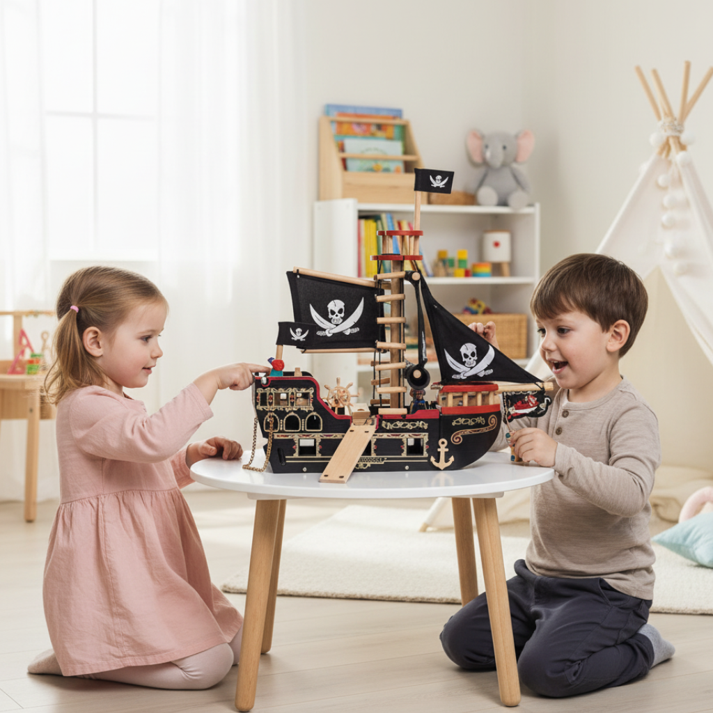 Barborossa Pirate Ship With 2 Wooden Characters