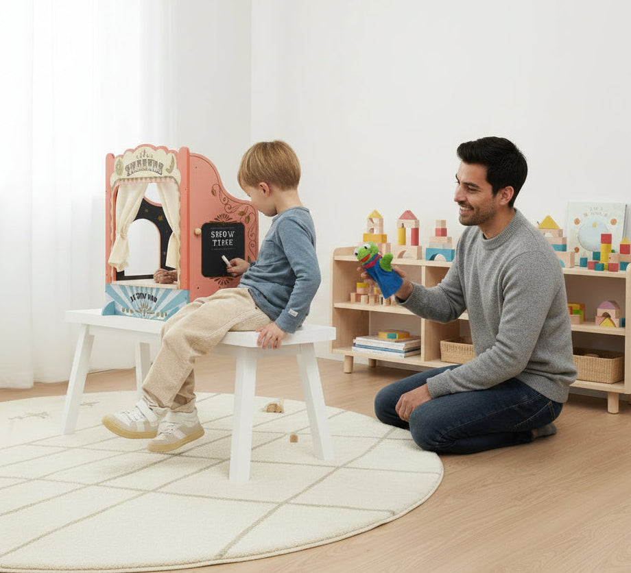 Child playing with a toy theater set on a white background