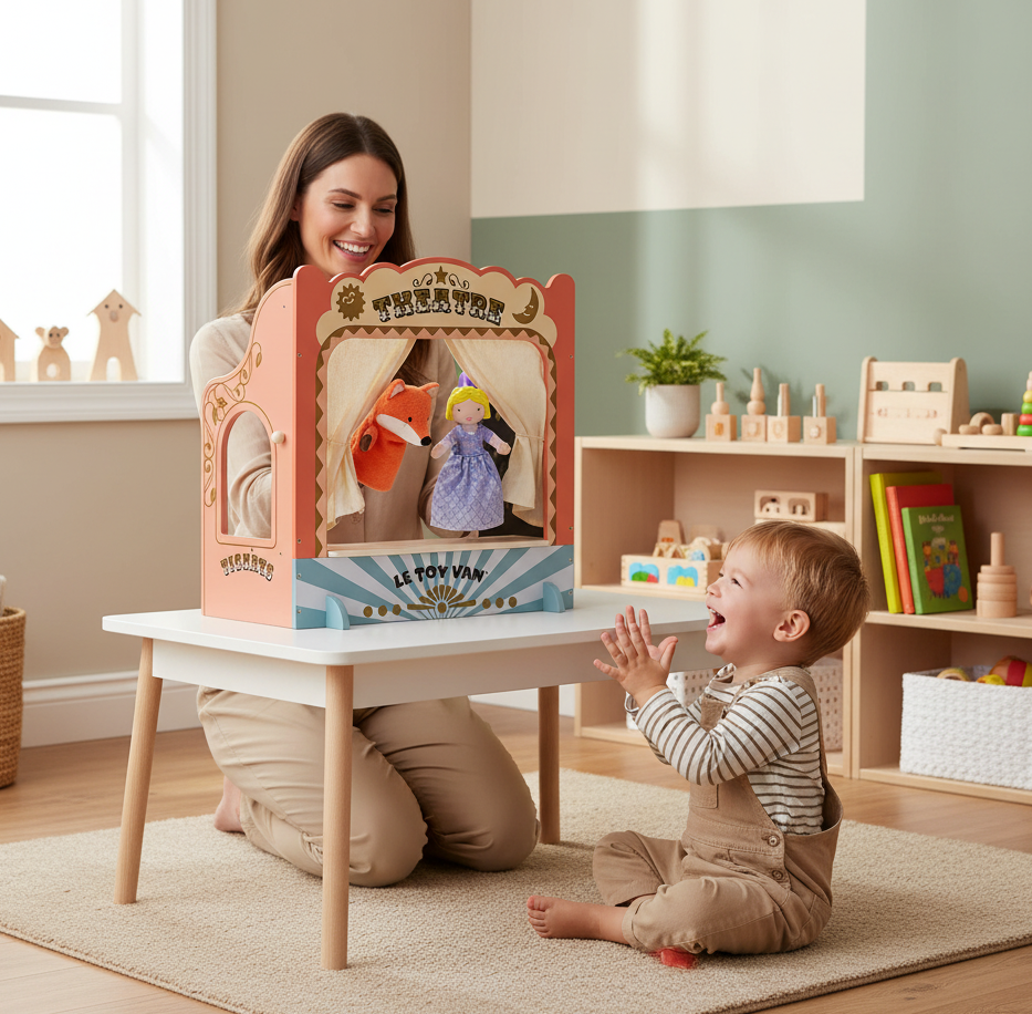 Woman and child playing with a puppet theater in a room filled with toys.