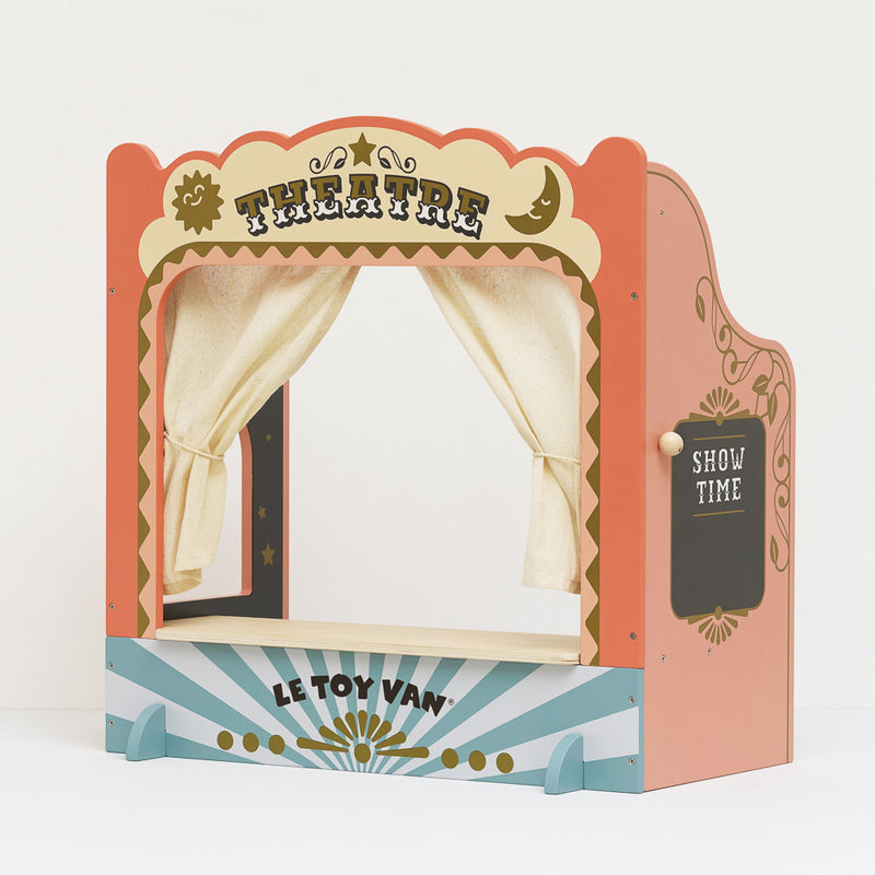 Children's theatre set with curtains and 'Le Toy Van' branding on a white background