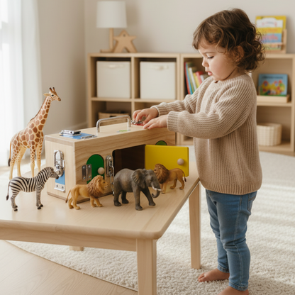 Child playing with a wooden toy box in a room with shelves and books.