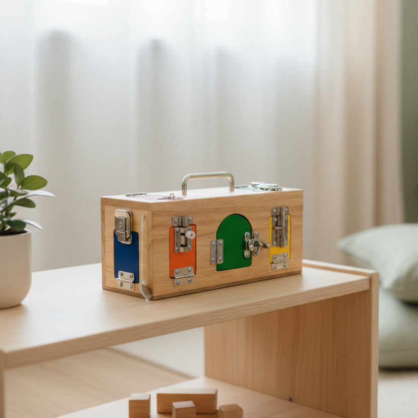 Wooden toy with colorful locks on a wooden surface