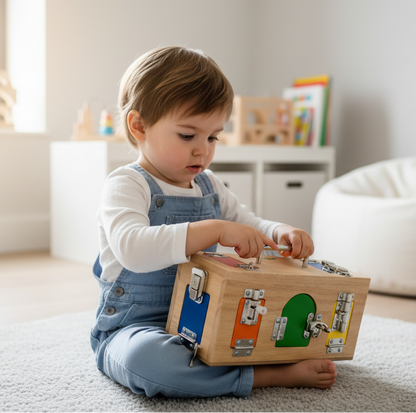Child playing with a wooden toy box in a bright room