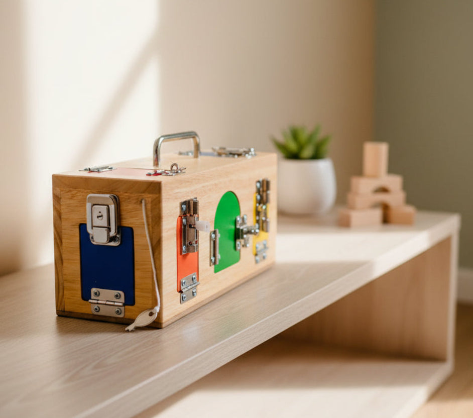 Wooden toy with colorful buttons on a wooden surface