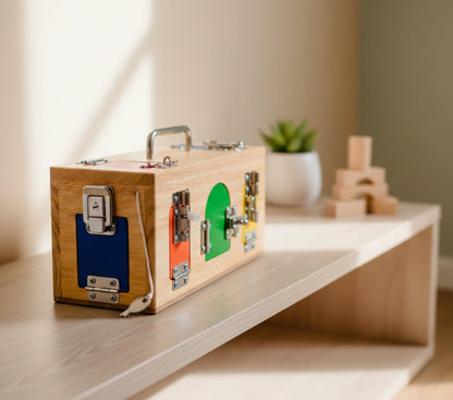 Wooden toy with colorful buttons on a wooden surface