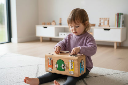 Wooden sensory box with colorful locks being interacted with by a child's hands on a neutral background