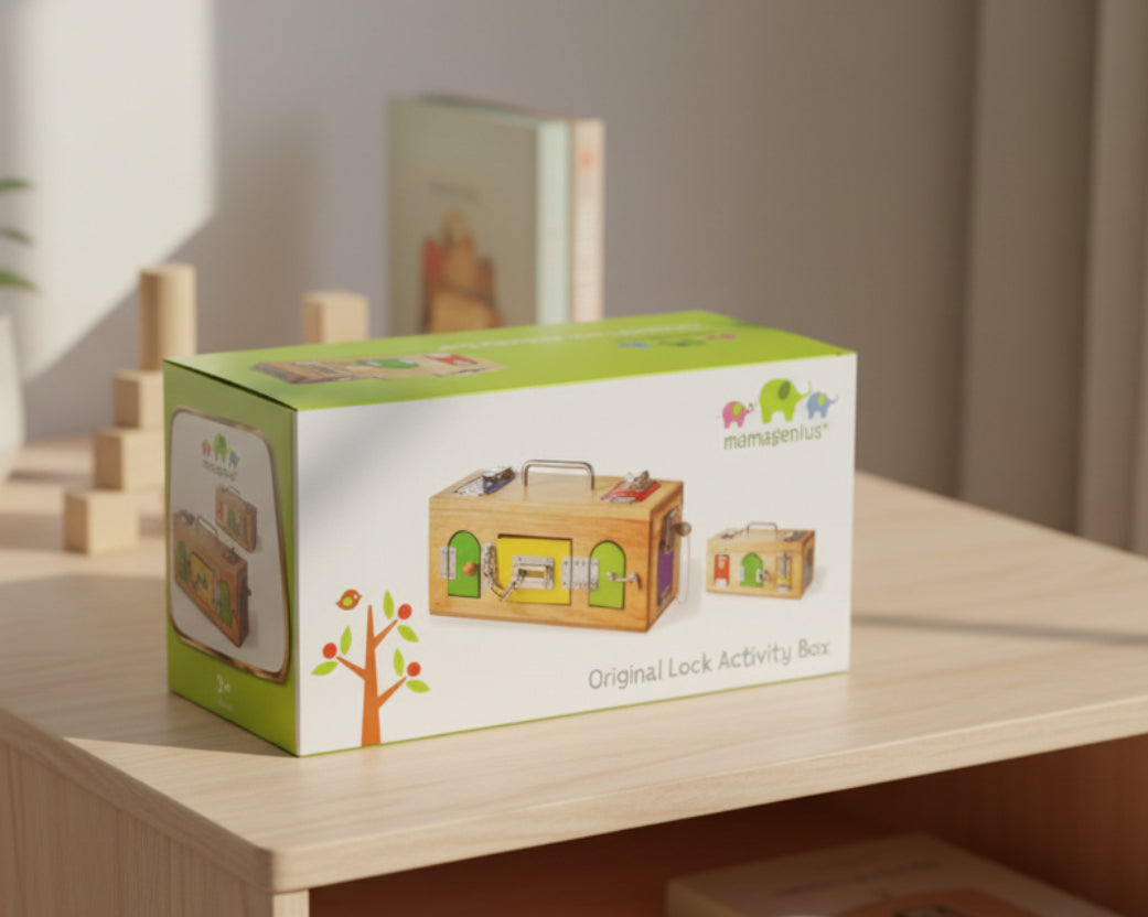 Wooden toy box packaging with green and white design on a wooden surface