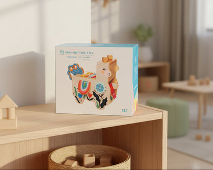 Manhattan Toy musical llama toy packaging on a white background