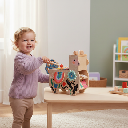 Child playing with a wooden toy in a room with light-colored walls and a rug.