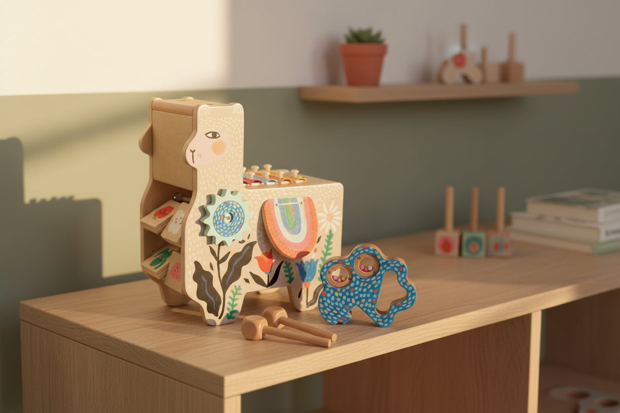 Wooden toy llama with colorful patterns and two rattles on a white background