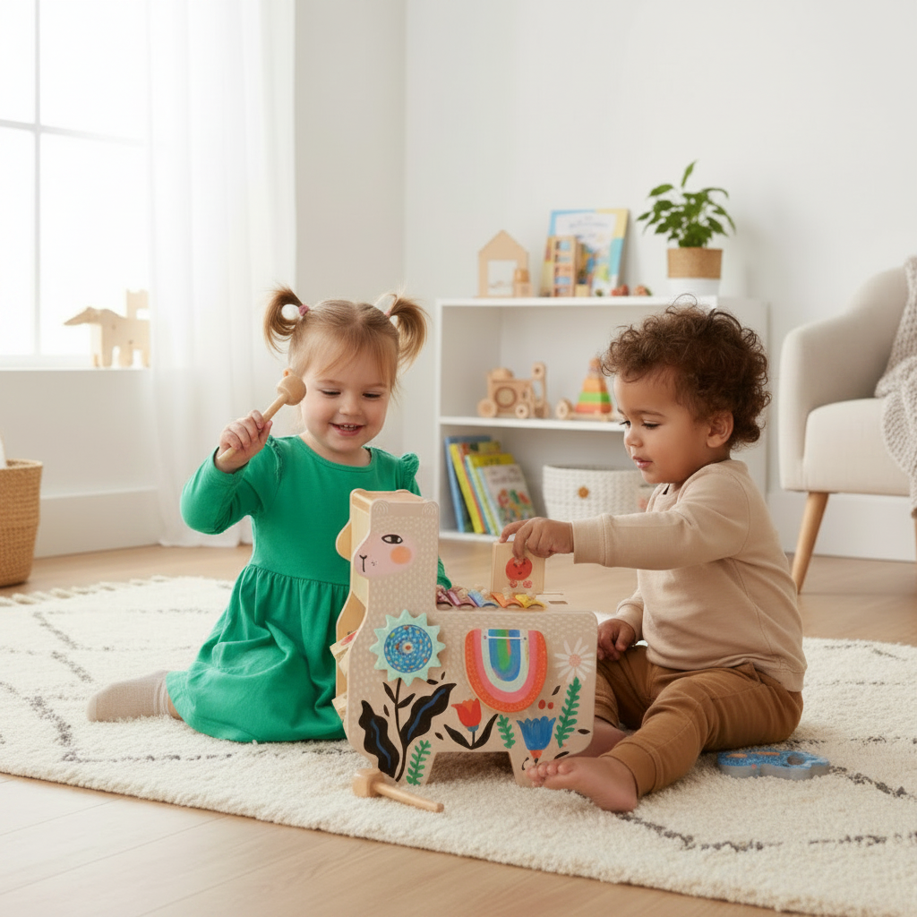 Two children playing with a colorful toy box in a bright room.