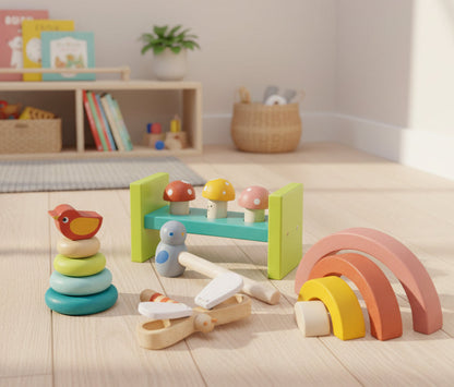 Collection of colorful wooden toys on a white background
