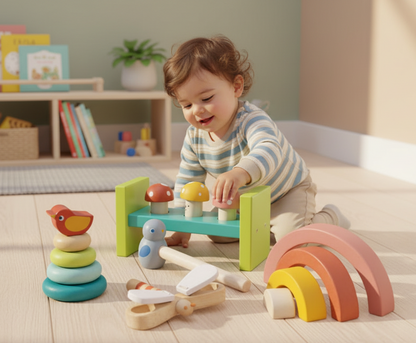 Child playing with colorful wooden toys on a wooden floor.