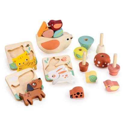 Set of wooden toys with animal shapes on a white background