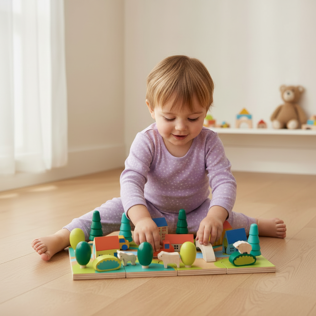 Child playing with a colorful wooden puzzle on the floor