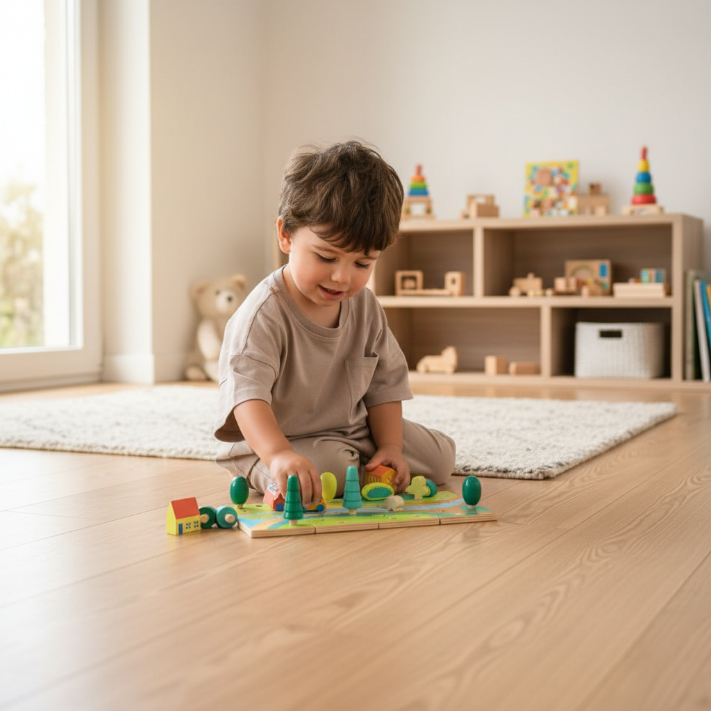 Child playing with a wooden toy on a wooden floor in a room with shelves and toys.