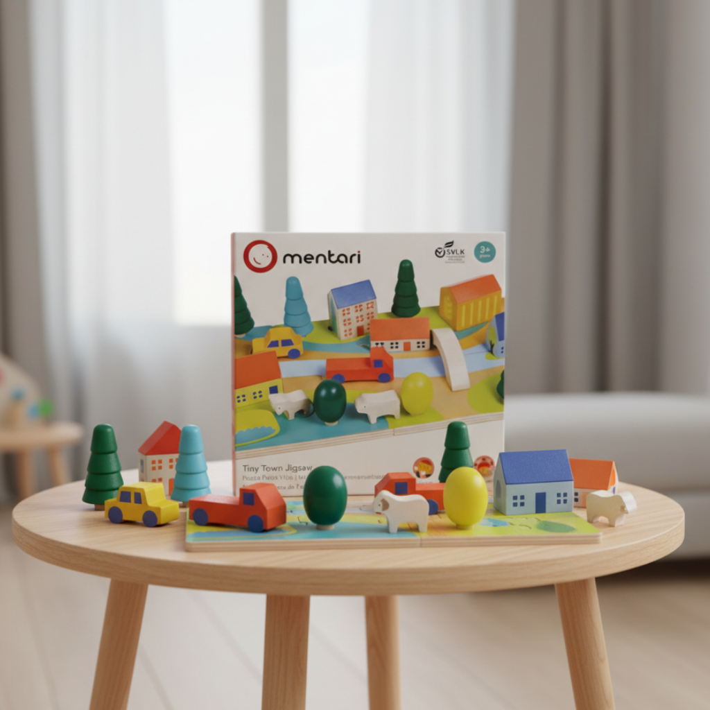 Colorful wooden toys on a small round table with 'mentari' packaging in the background.