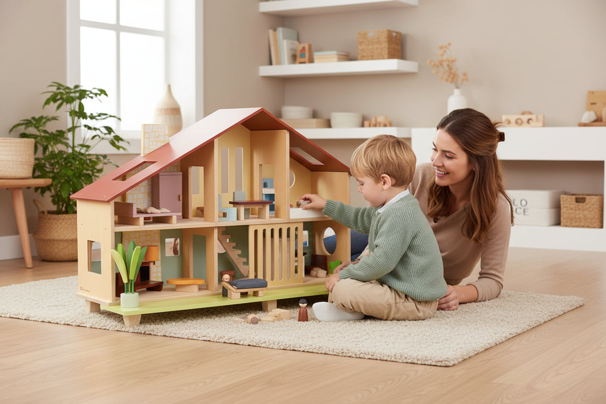 Wooden dollhouse with furniture and accessories on a white background