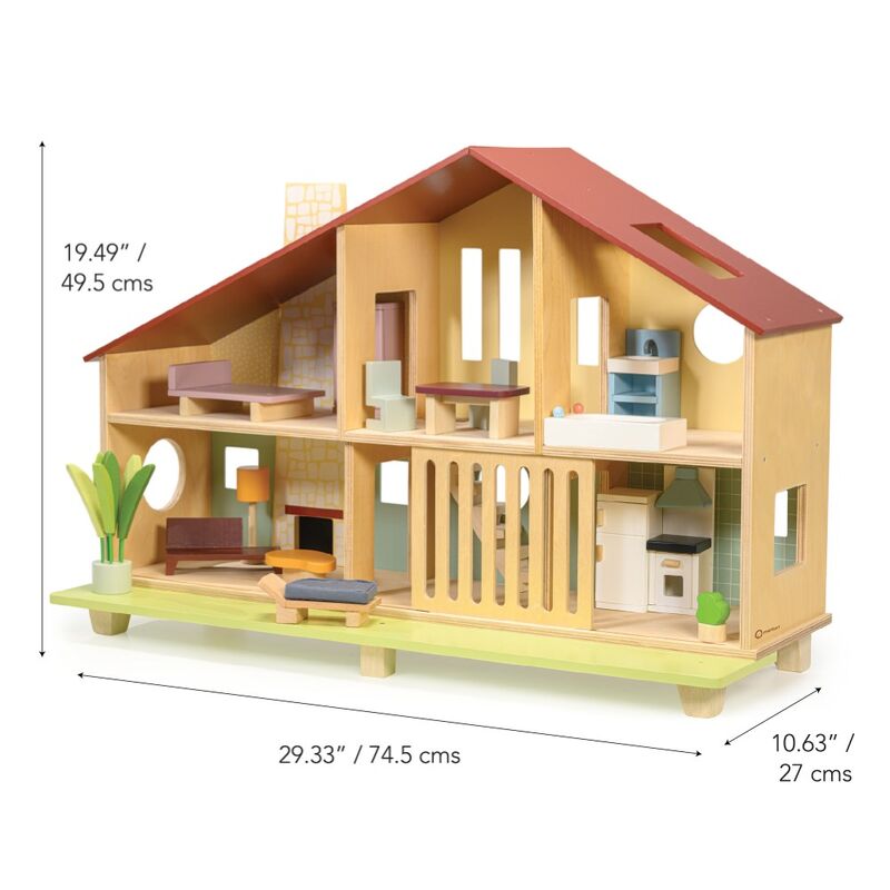 Wooden dollhouse with furniture and measurements on a white background