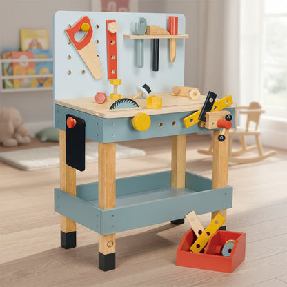 Children's toy workbench with tools on a white background