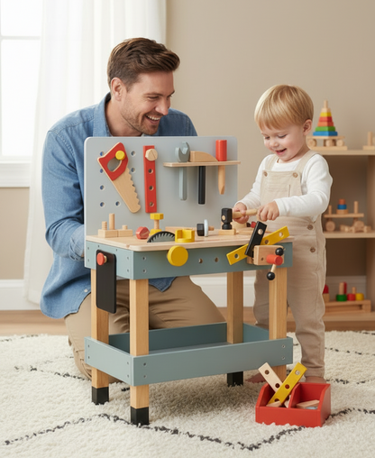 Man and child playing with a toy workbench in a room with shelves and toys.
