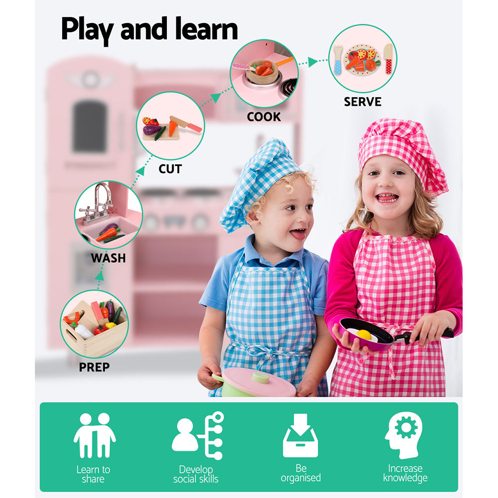 Wooden Kitchen Play Set – Pink Pretend Play Kitchen with Water Dispenser