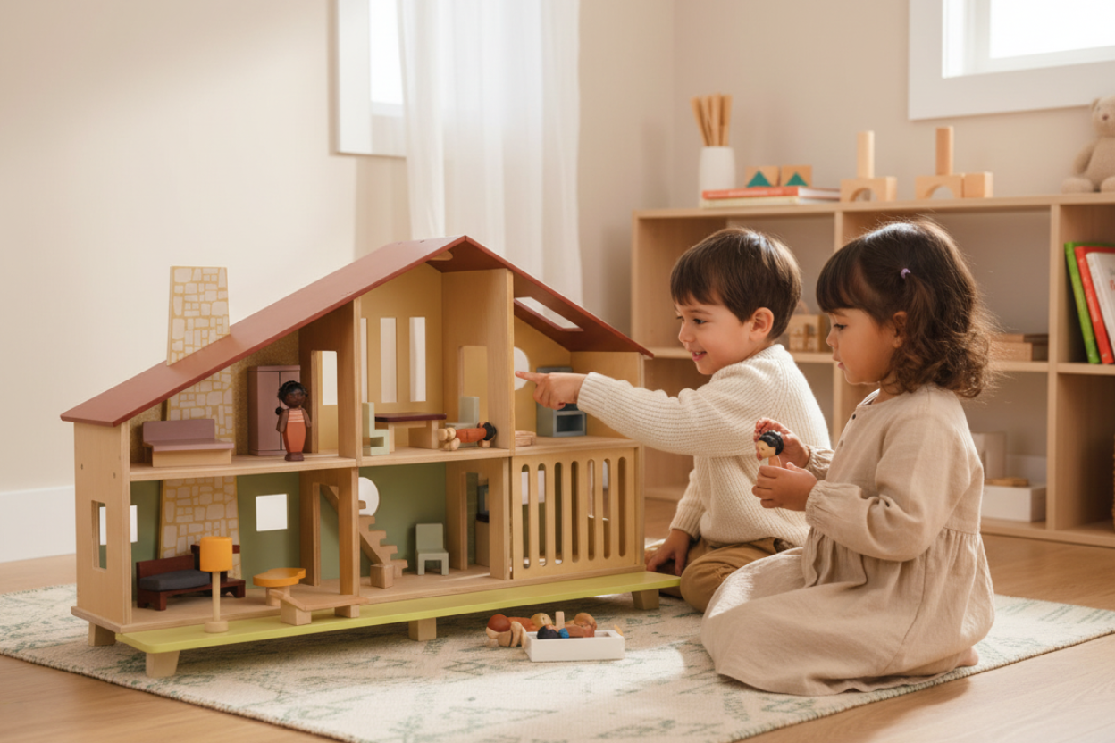Two children playing with a wooden dollhouse in a room with shelves and books.