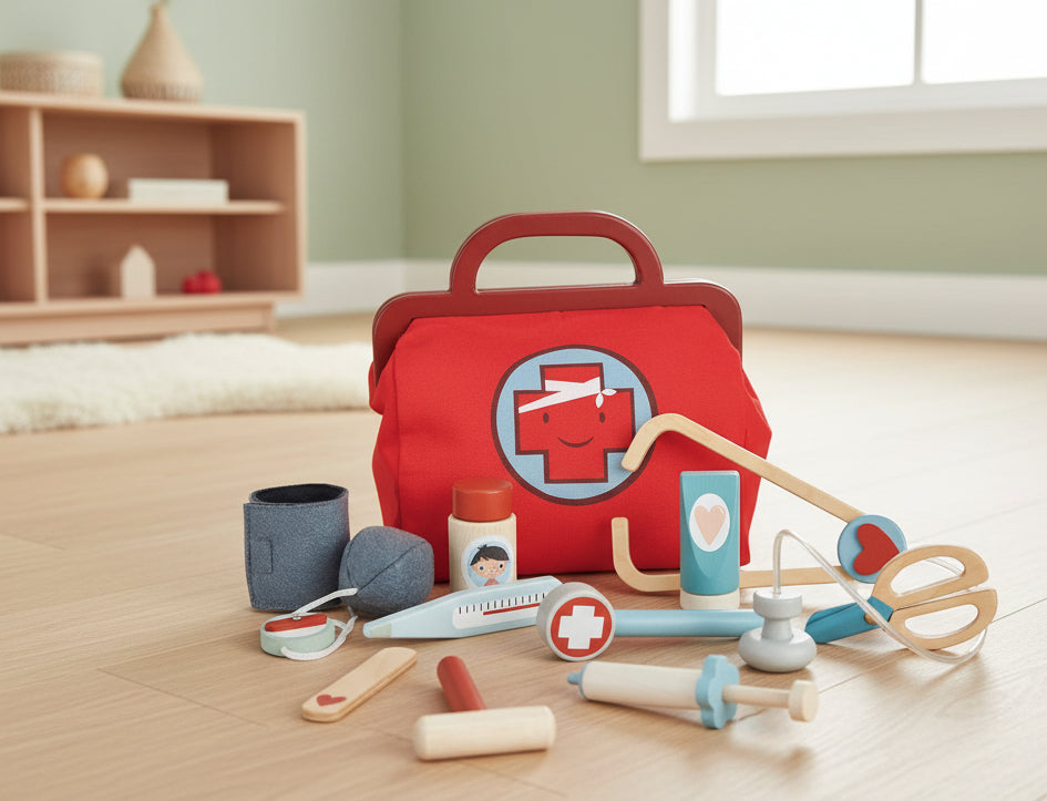 Red toy medical bag with various pretend medical tools on a white background
