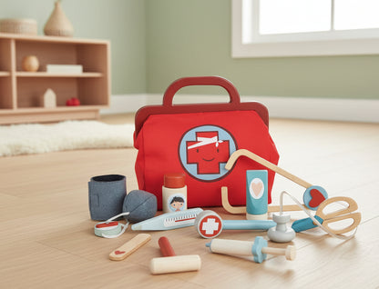 Red toy medical bag with various pretend medical tools on a white background