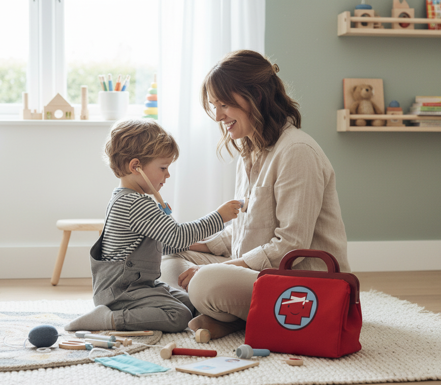 Woman and child playing with a red toy medical bag on a rug in a room with shelves and toys.