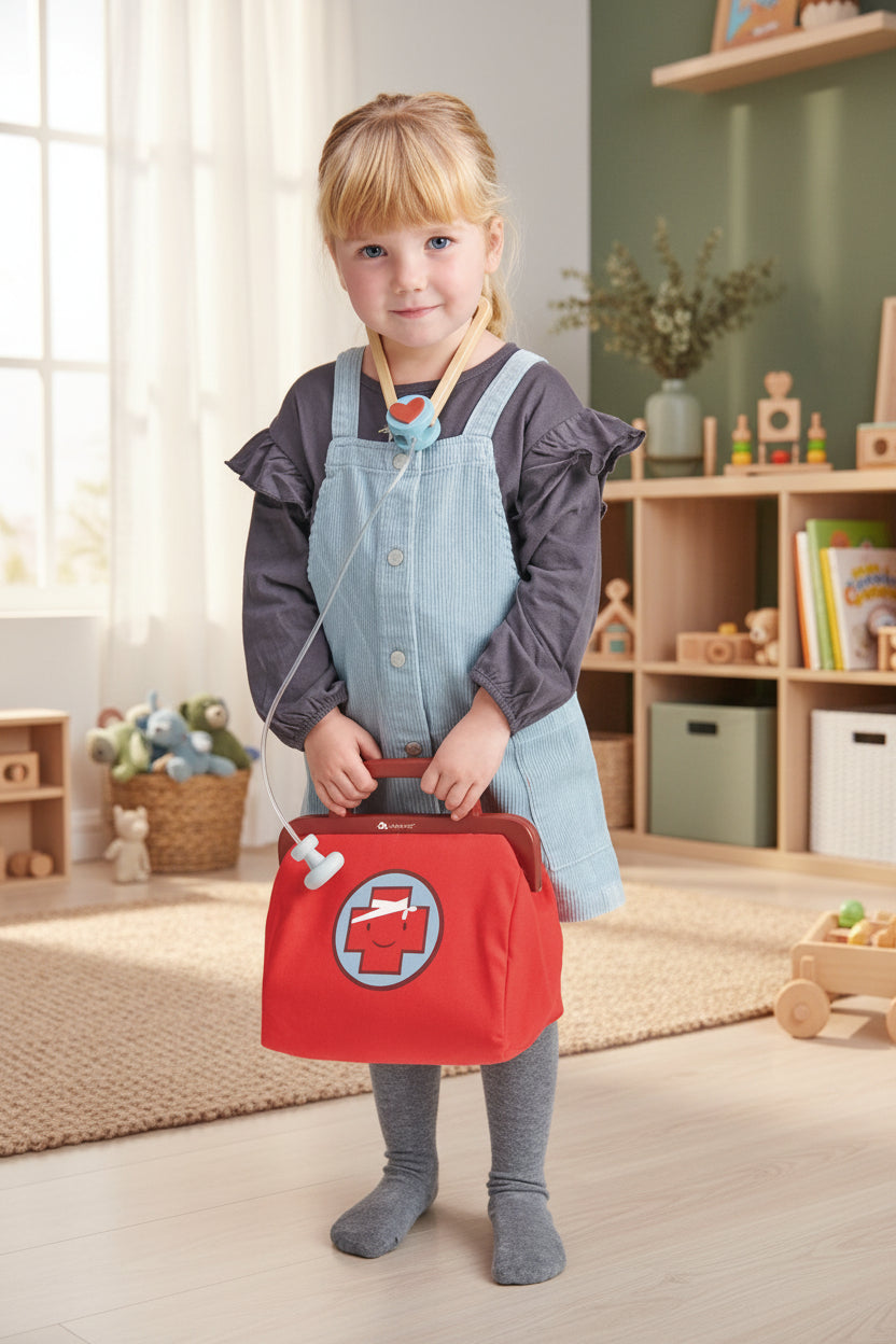 Child holding a red bag with a first aid symbol on a white background
