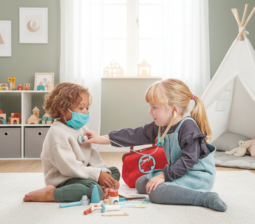 Two children playing with a toy doctor set on a light blue background