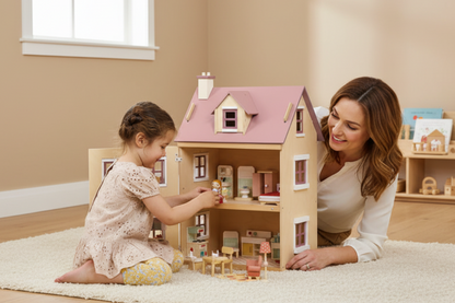 Woman and child playing with a dollhouse in a room with a beige wall and window.