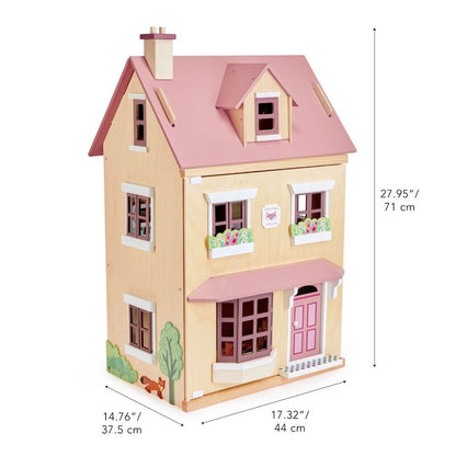Wooden dollhouse with pink roof and measurements on a white background