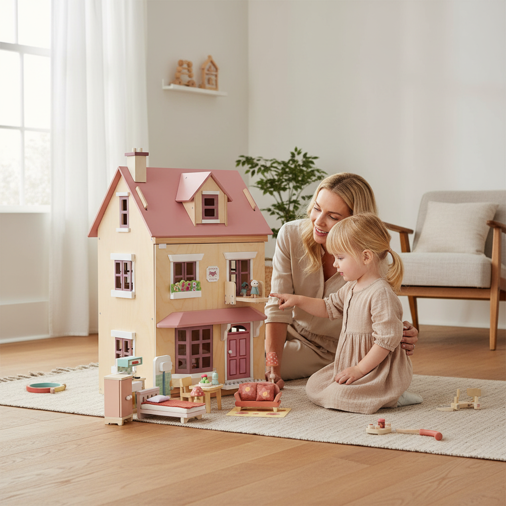 Woman and child playing with a dollhouse in a bright room.