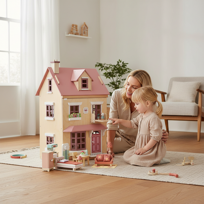 Woman and child playing with a dollhouse in a bright room.
