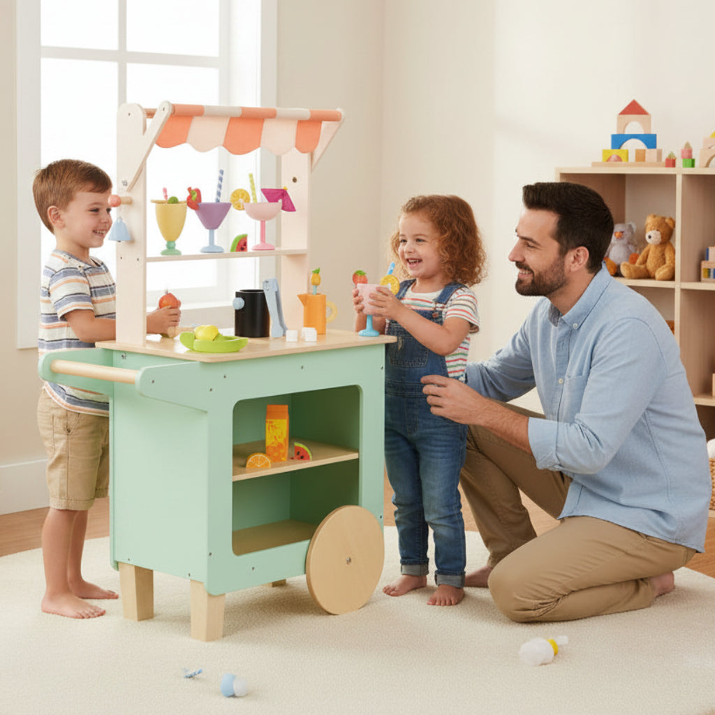 Children's play kitchen set with colorful shelves and accessories on a white background