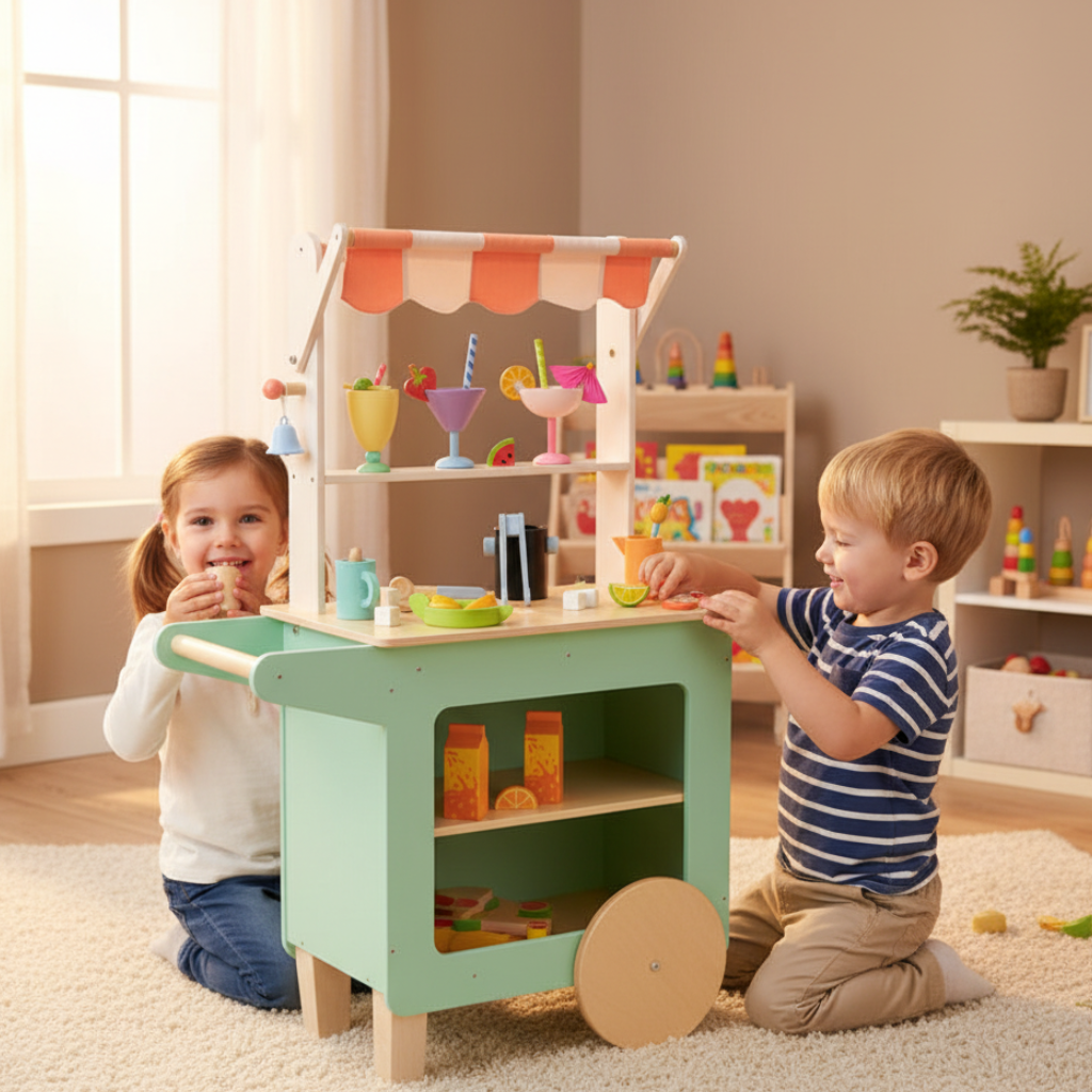 Two children playing with a toy kitchen set in a room with toys and a window.