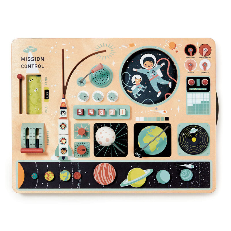 Children's educational toy with space-themed controls and buttons on a beige background