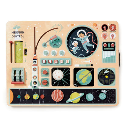 Children's educational toy with space-themed controls and buttons on a beige background
