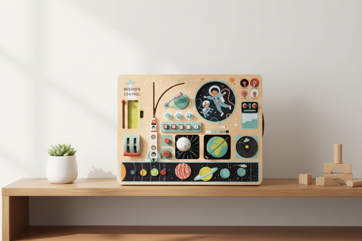 Wooden toy control panel with space-themed buttons on a wooden shelf.