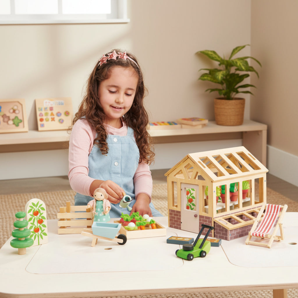 Child playing with a toy garden set on a white background